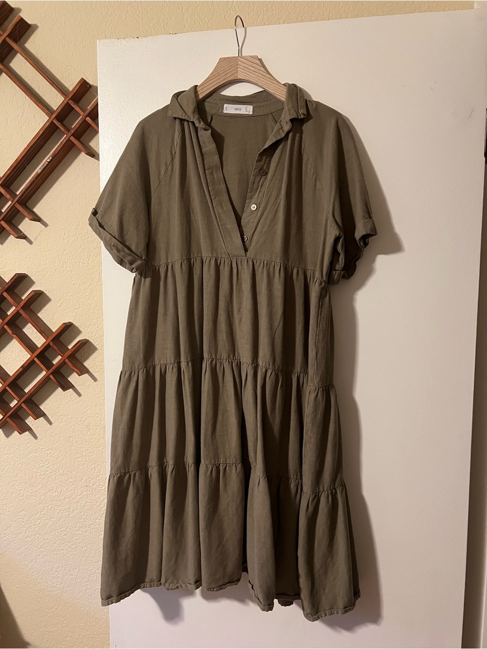 MNG Casual Olive Tiered Shirt Dress - Women